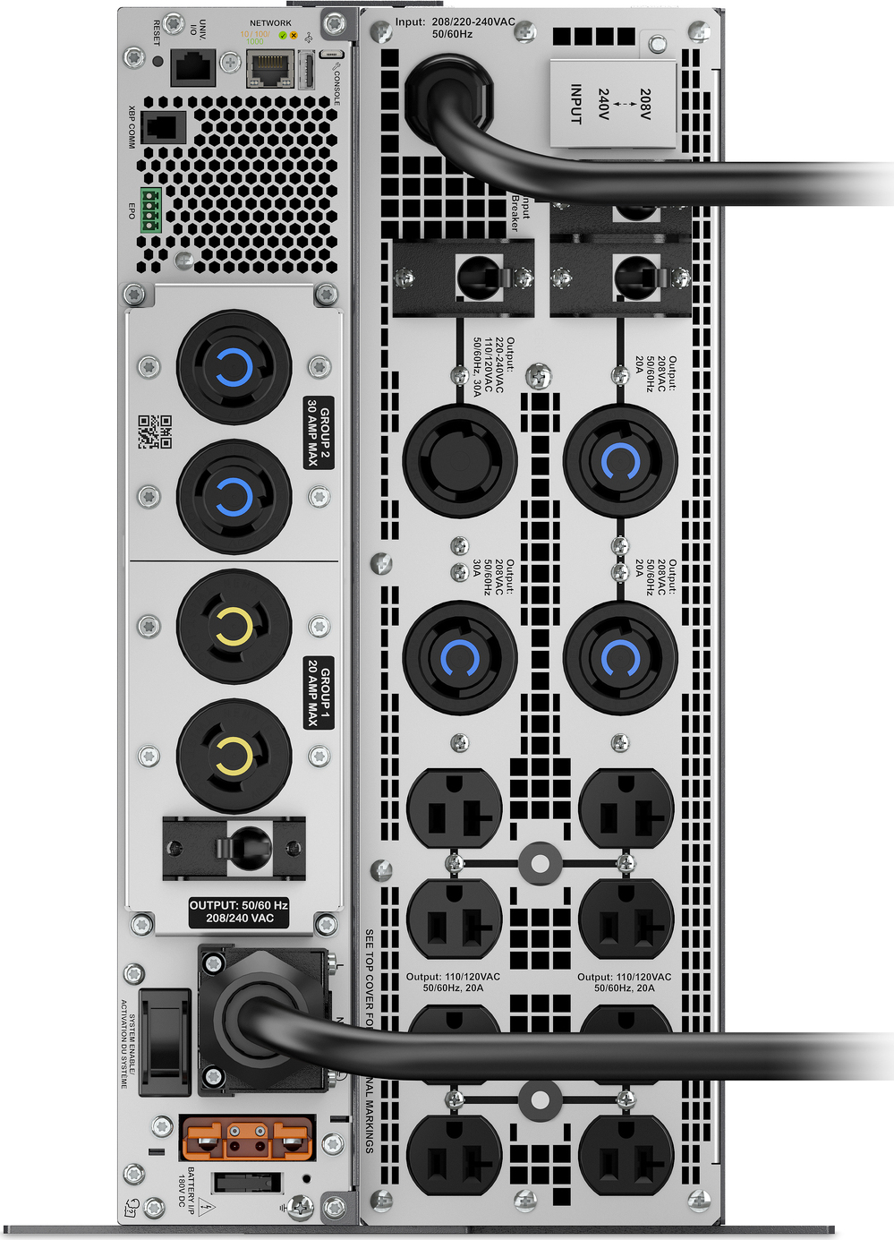 APC Smart-UPS Ultra 5000VA, 208/240V, Tower w/o kit, 8x 5-20R & 4x L6-20R & 3x L6-30R & 1x L14-30R NEMA outlets, w/transfo 208/240V to 120/208/240V Hardware Detail