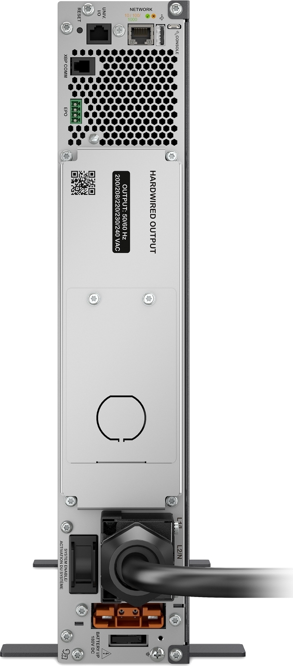 APC Smart-UPS Ultra On-Line, 5000VA, Lithium-ion, Rack/Tower 2U, 230V, Hardwired 3-Wire Output, Network Card, Extended runtime, W/rail kit Back View