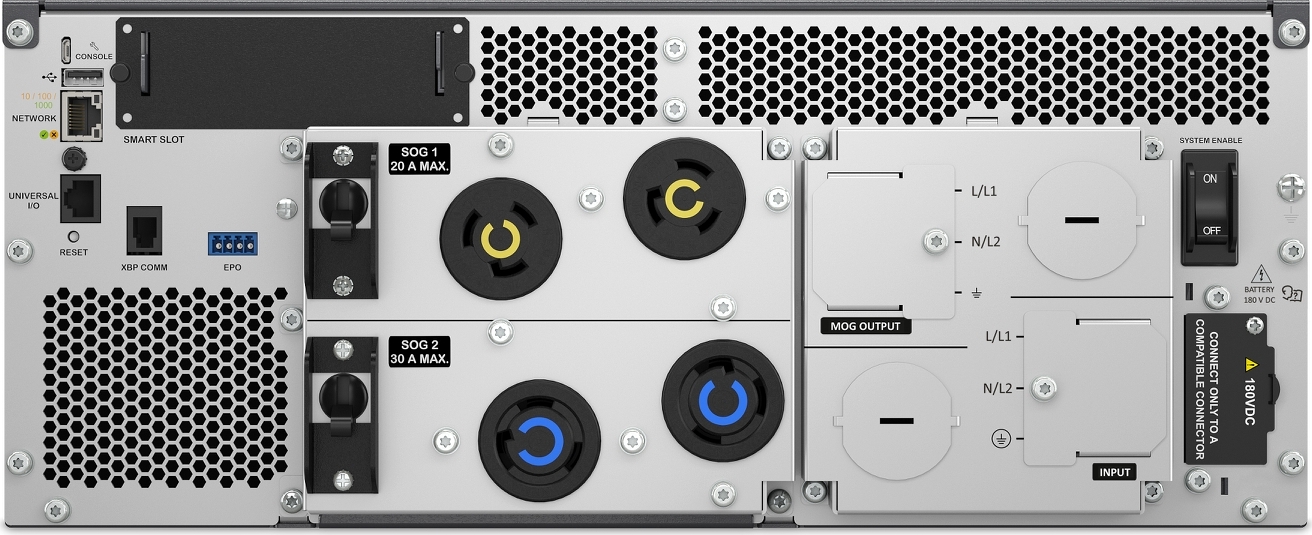 APC Smart-UPS Ultra On-Line, 8000VA, Lithium-ion, Rack/Tower 4U, 208V, 2 L6-20R + 2 L6-30R NEMA outlets, Network Card, Extended runtime, W/rail kit Front View