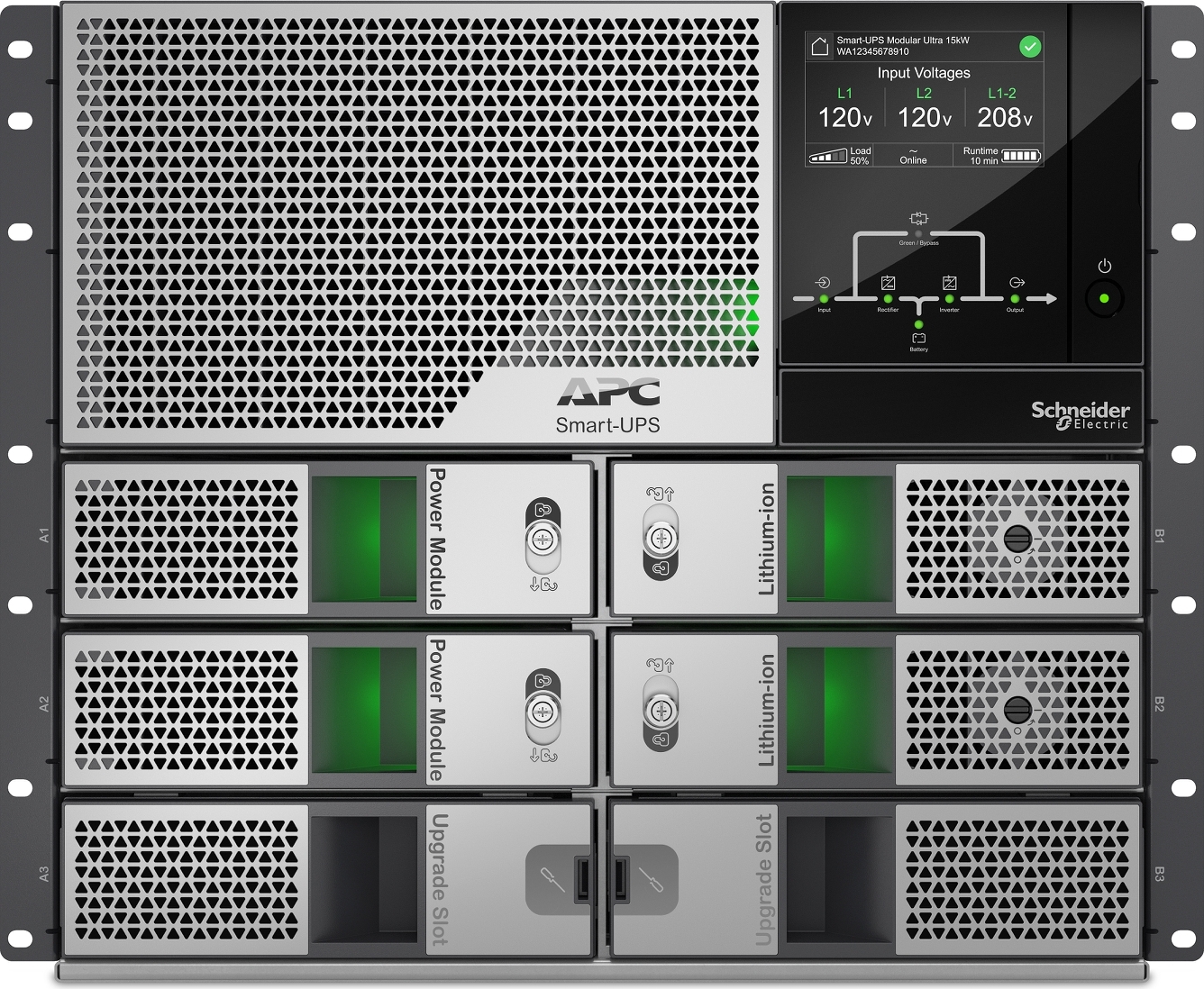 APC Smart-UPS Modular Ultra On-Line, 10kW scalable to 15kW, Lithium-ion, Rackmount 9U, 208/240V, Network Management, Extended runtime, W/rail kit Back View