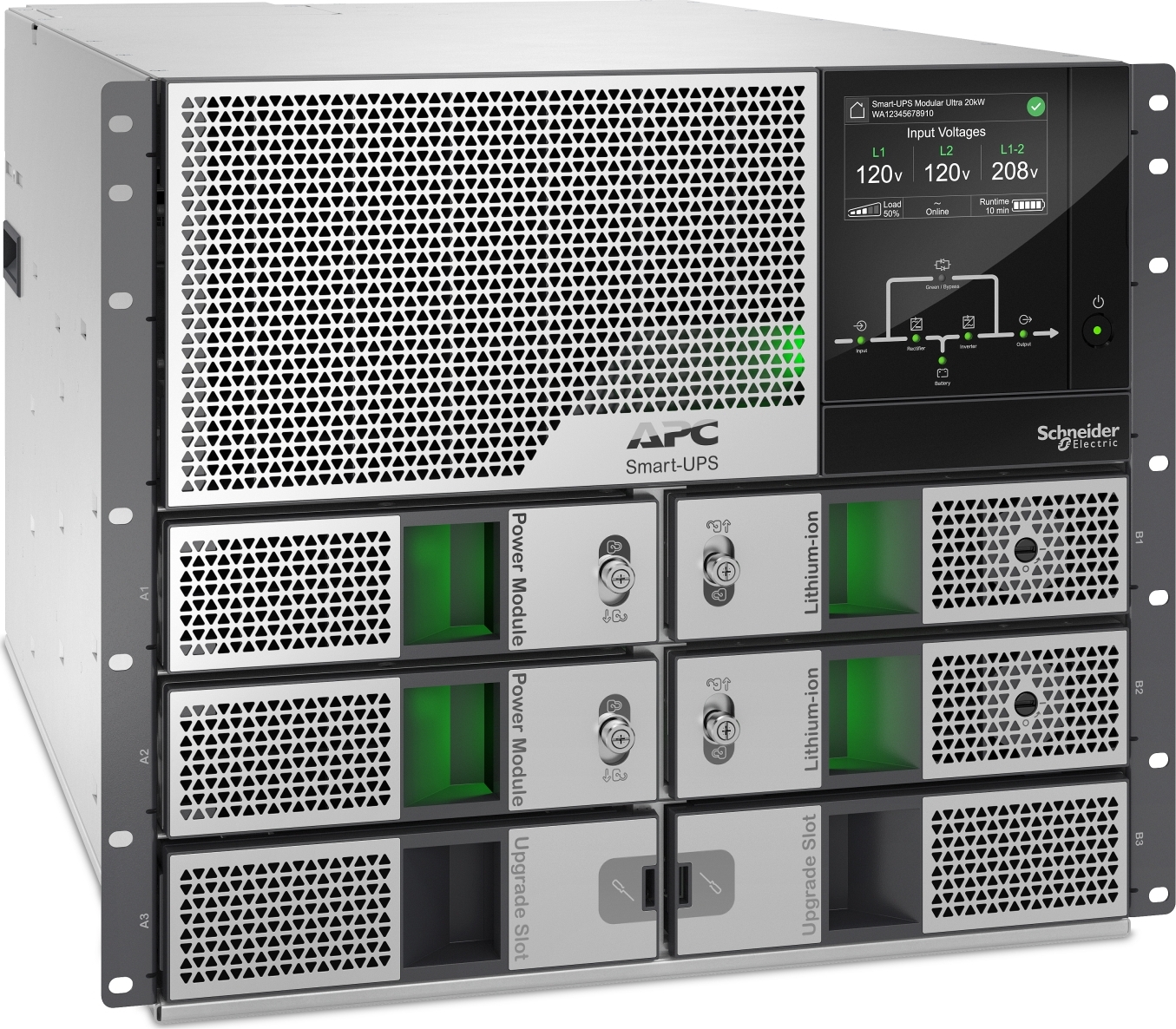 APC Smart-UPS Modular Ultra, On-Line, 10kW scalable to 20kW N+1, Lithium-ion, Rackmount 9U, 208/240V, Network Management, Extended runtime, W/rail kit Front View