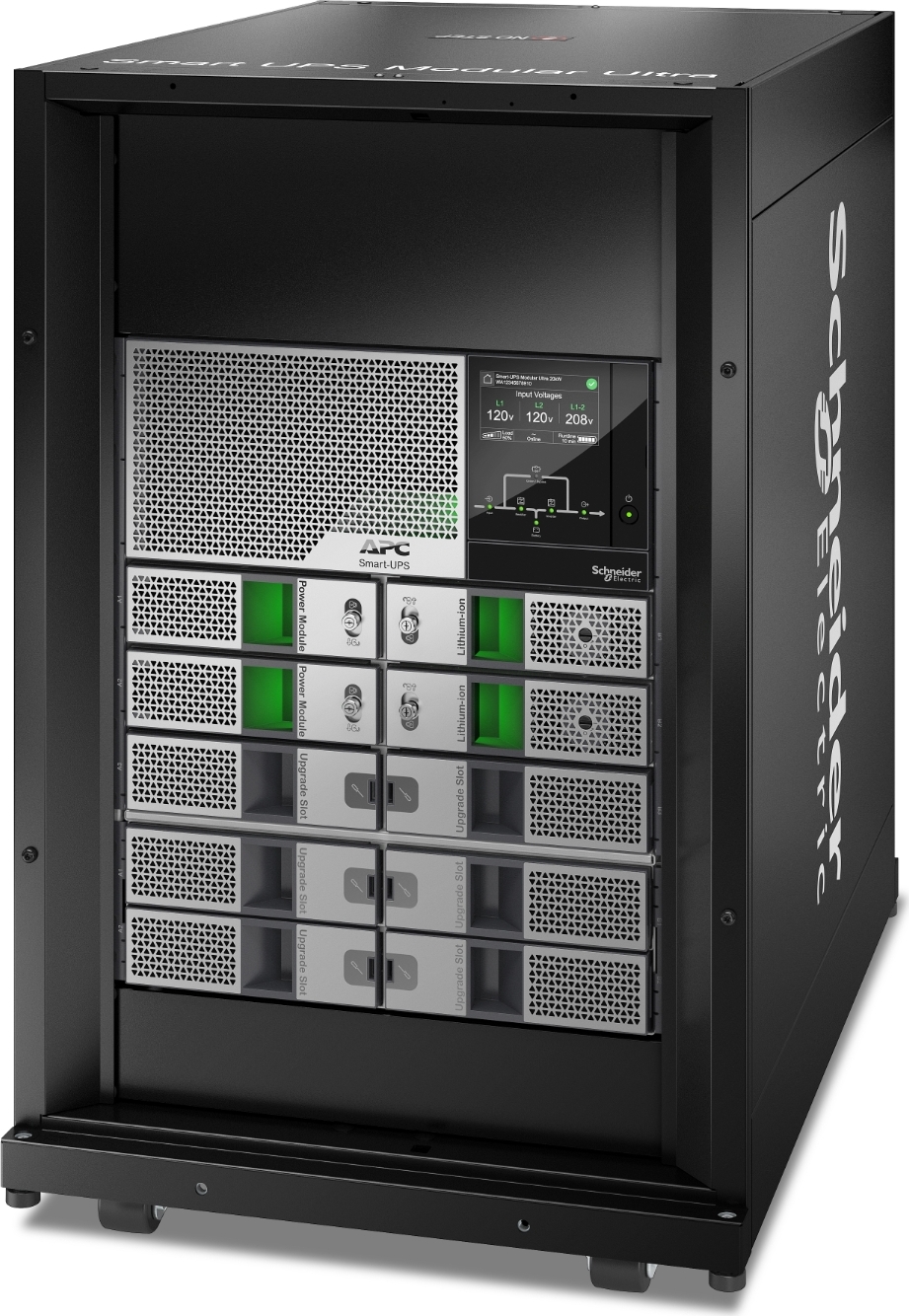 APC Smart-UPS Modular Ultra On-Line, 10kW scalable to 20kW N+1, Lithium-ion, Tower 18U, 208/240V, Network Management, W/ Battery chassis Front View
