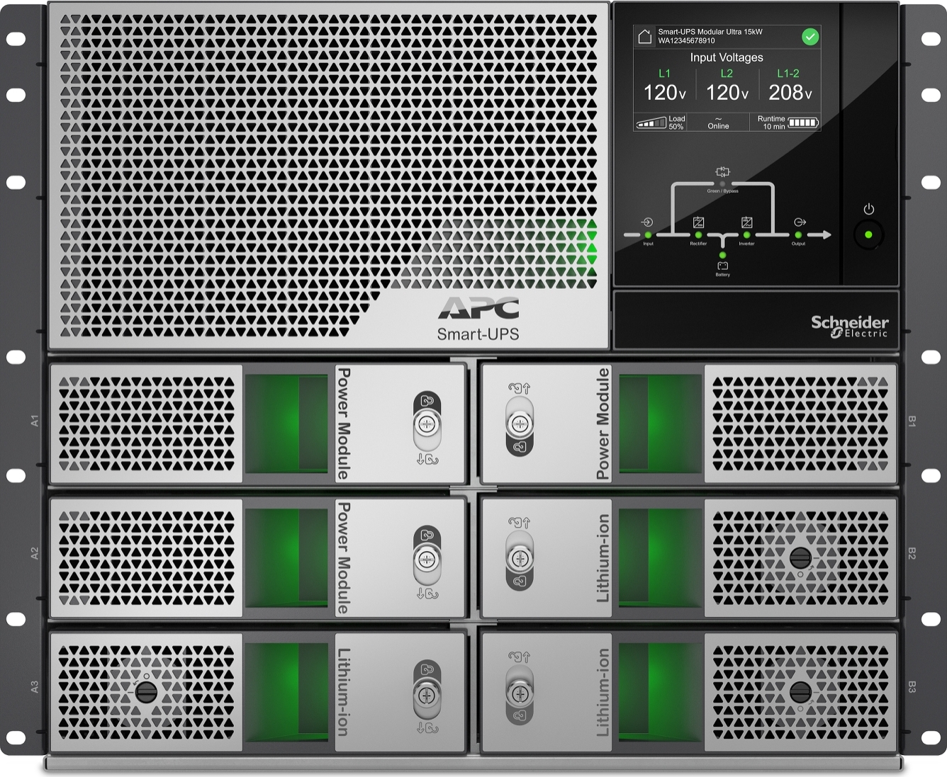 APC Smart-UPS Modular Ultra On-Line, 15kW, Lithium-ion, Rackmount 9U, 208/240V, Network Management, Extended runtime, W/rail kit Back View