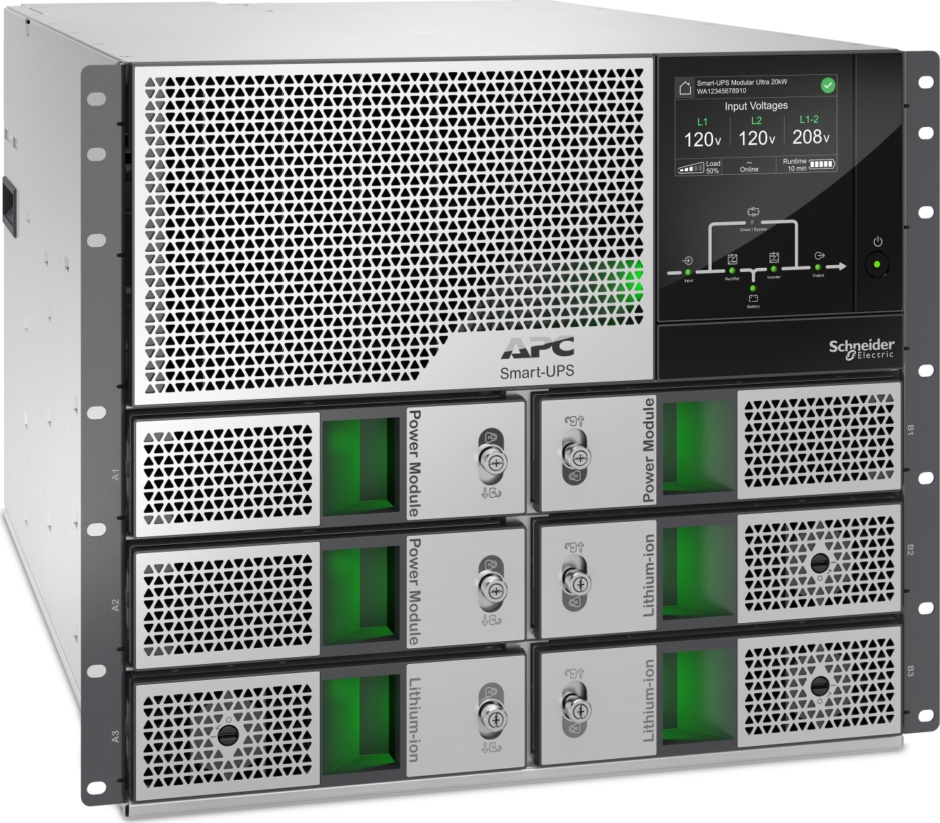 APC Smart-UPS Modular Ultra, On-Line, 15kW scalable to 20kW N+1, Lithium-ion, Rackmount 9U, 208/240V, Network Management, Extended runtime, W/rail kit Front View