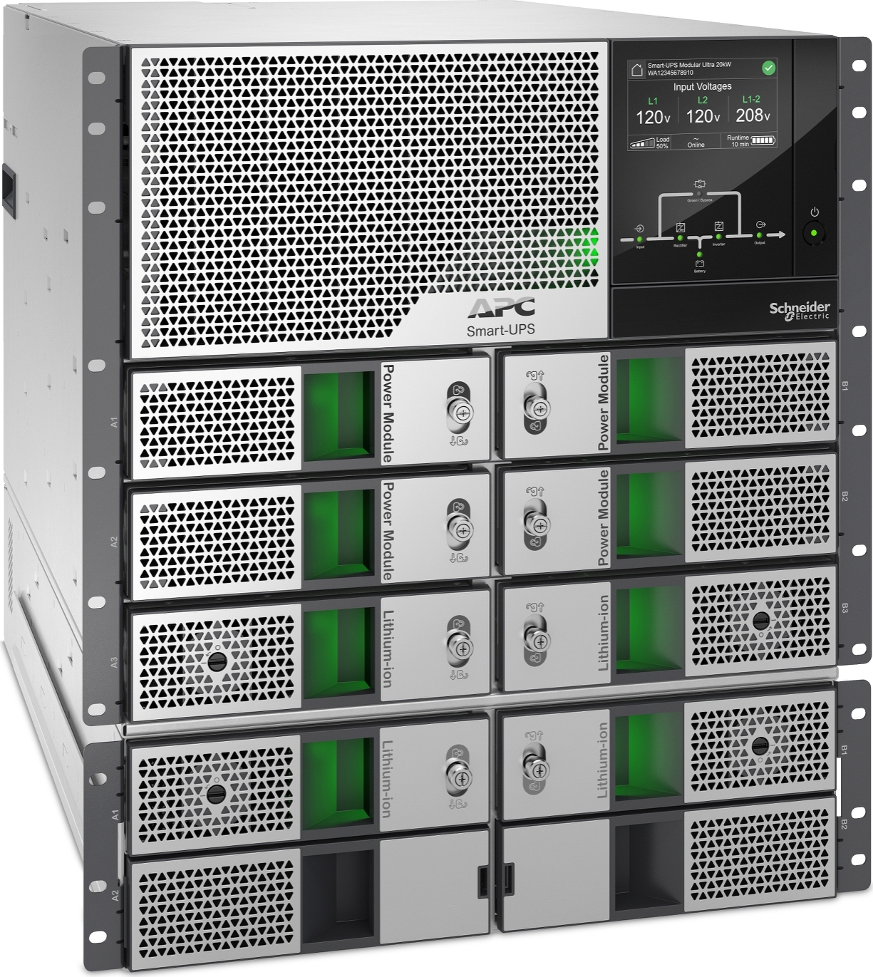APC Smart-UPS Modular Ultra, On-Line, 20kW scalable to 20kW N+1, Lithium-ion, Rackmount 12U, 208/240V, Network Management, w/ External battery chassis Front View