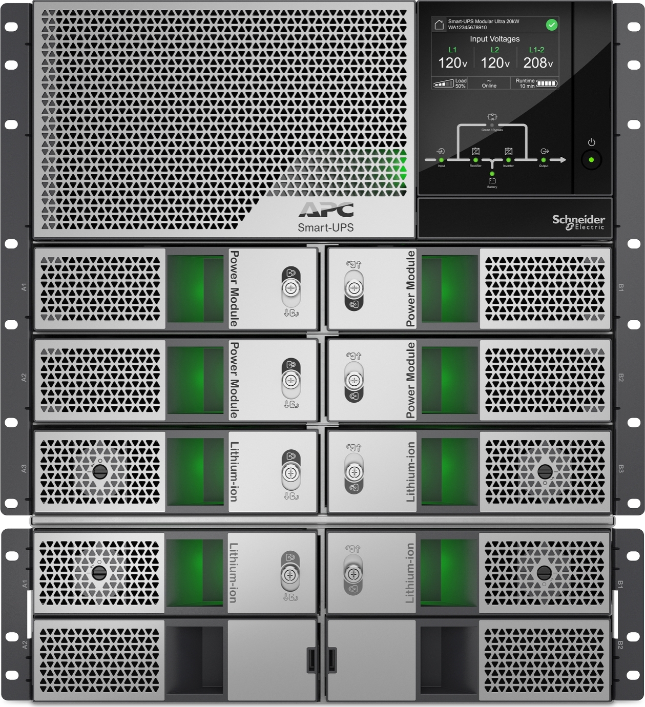 APC Smart-UPS Modular Ultra, On-Line, 20kW scalable to 20kW N+1, Lithium-ion, Rackmount 12U, 208/240V, Network Management, w/ External battery chassis Back View