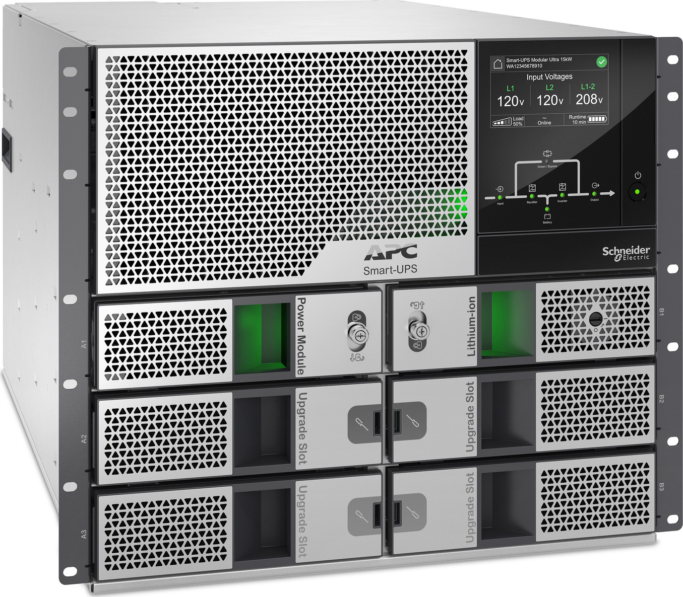 APC Smart-UPS Modular Ultra On-Line, 5kW scalable to 15kW, Lithium-ion, Rackmount 9U, 208/240V, Network Management, Extended runtime, W/rail kit Front View