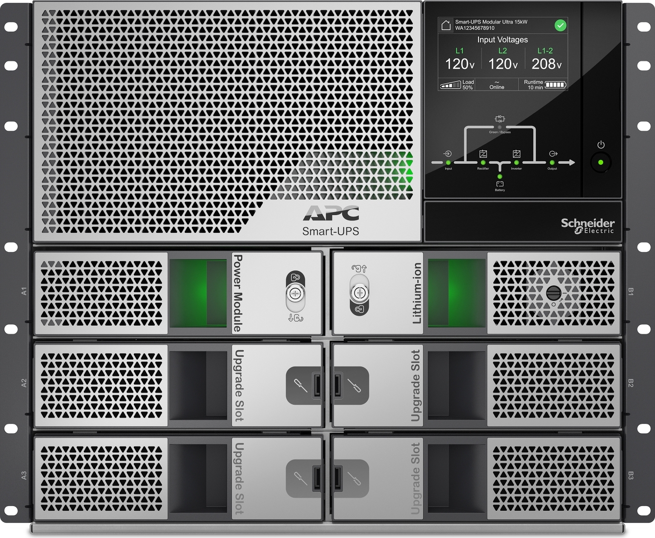 APC Smart-UPS Modular Ultra On-Line, 5kW scalable to 15kW, Lithium-ion, Rackmount 9U, 208/240V, Network Management, Extended runtime, W/rail kit Back View