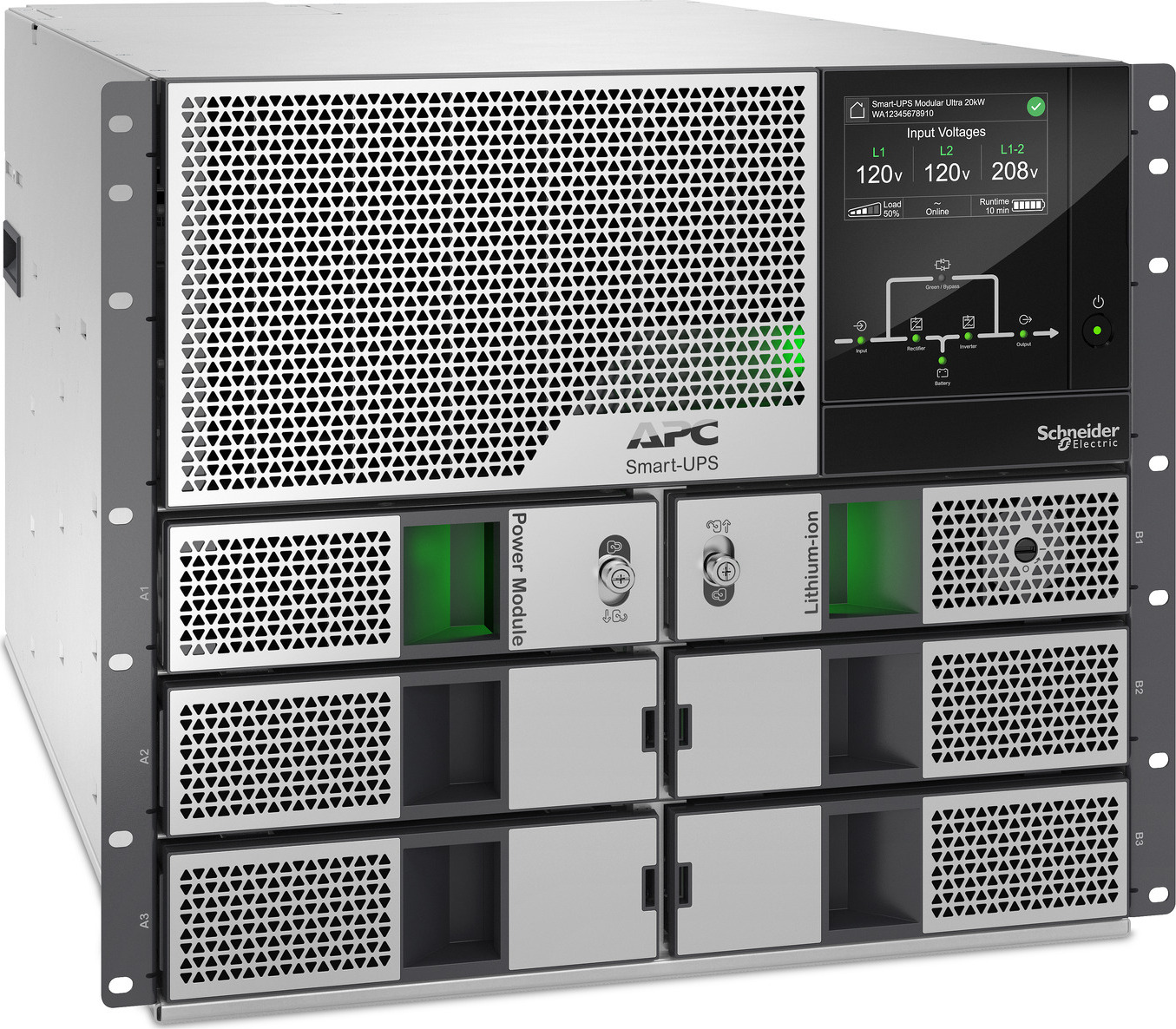 APC Smart-UPS Modular Ultra, On-Line, 5kW scalable to 20kW N+1, Lithium-ion, Rackmount 9U, 208/240V, Network Management, Extended runtime, W/rail kit Front View