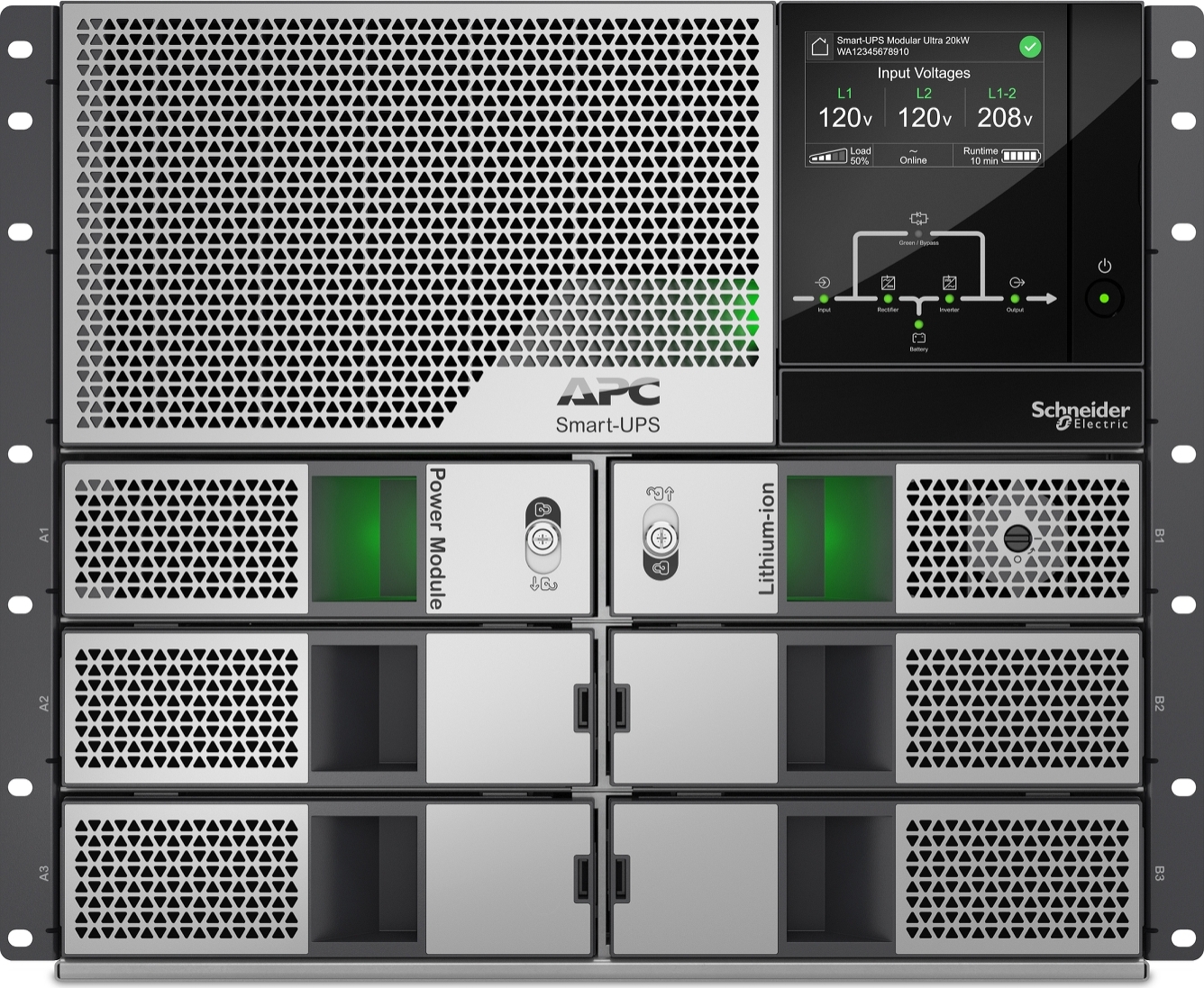 APC Smart-UPS Modular Ultra, On-Line, 5kW scalable to 20kW N+1, Lithium-ion, Rackmount 9U, 208/240V, Network Management, Extended runtime, W/rail kit Back View