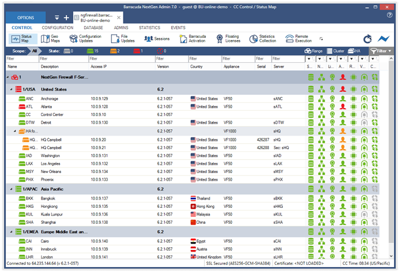 Barracuda NextGen Control Center’s Status Map displays a drill down status overview of all centrally managed Barracuda CloudGen Firewall F-Series deployments.