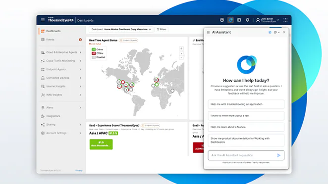Cisco AI Assistant interface powered by ThousandEyes network intelligence