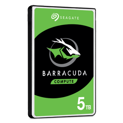 Seagate BarraCuda 2.5-inch 5TB hard drive viewed from the right showing the SATA connector