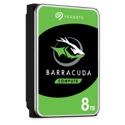 Seagate BarraCuda 3.5-inch 8TB hard drive viewed from the right showing the SATA connector