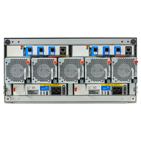 Rear view of the Seagate Exos SCALE EX5U84 showing I/O module slots, power connectors and network ports