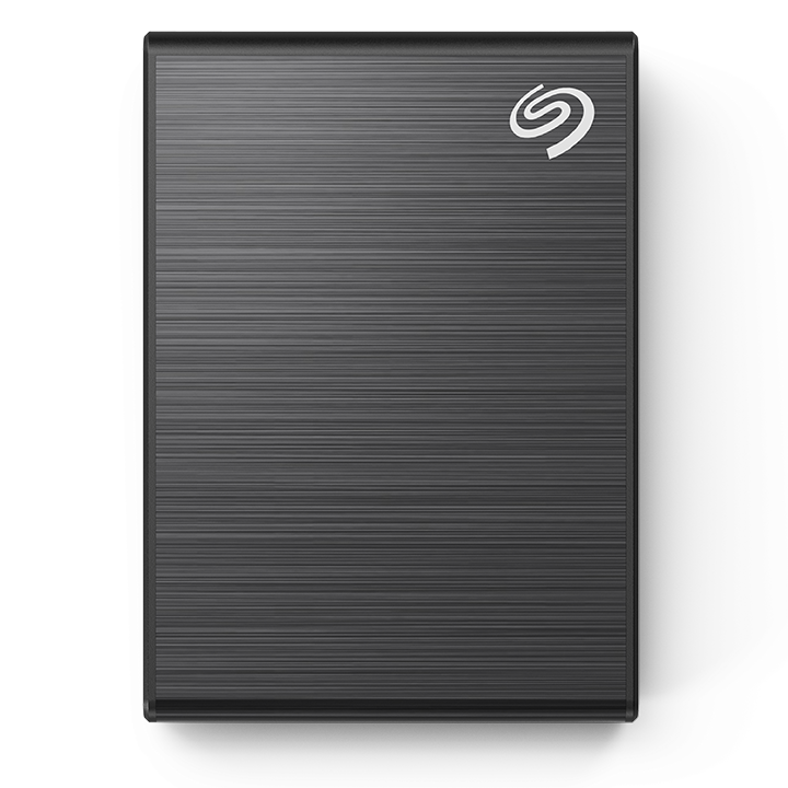 Seagate One Touch SSD in black, front view showing the fabric-textured finish