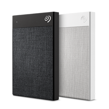 Seagate Ultra Touch external hard drive in white, shown for scale