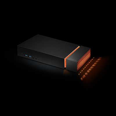 Seagate FireCuda Gaming Dock with orange RGB lighting, left view