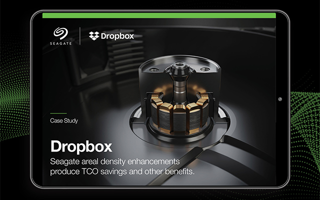 Tablet showing the Seagate and Dropbox case study cover about areal density and total-cost-of-ownership savings