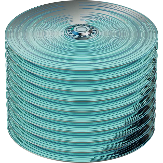 Stack of hard drive platters showing the central spindle motor hub