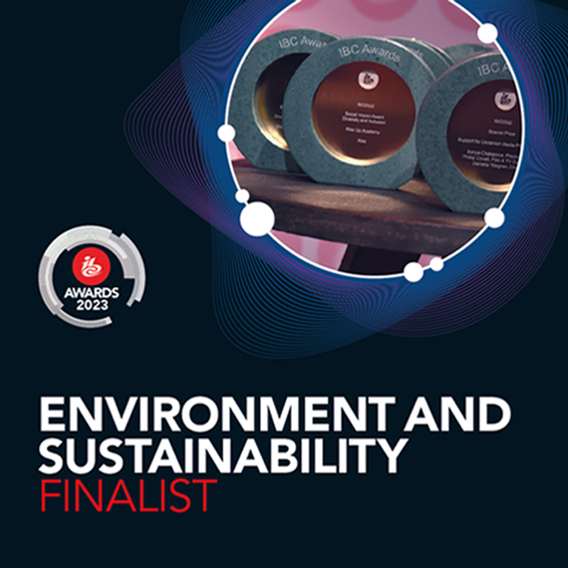 IBC Awards 2023 Environment and Sustainability Finalist graphic showing three award trophies