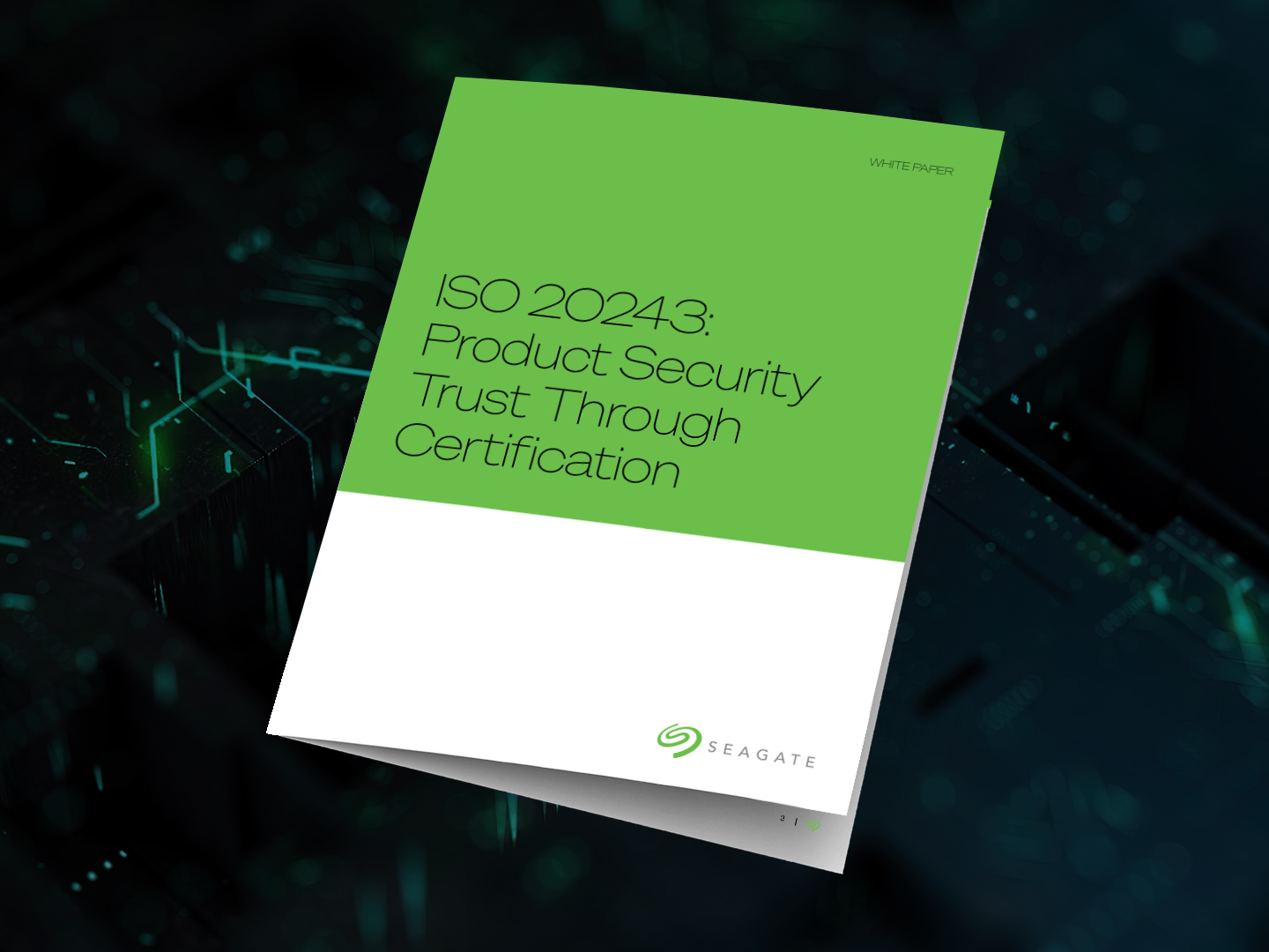 Seagate white paper cover titled ISO 20243: Product Security Trust Through Certification over a dark circuit-board background