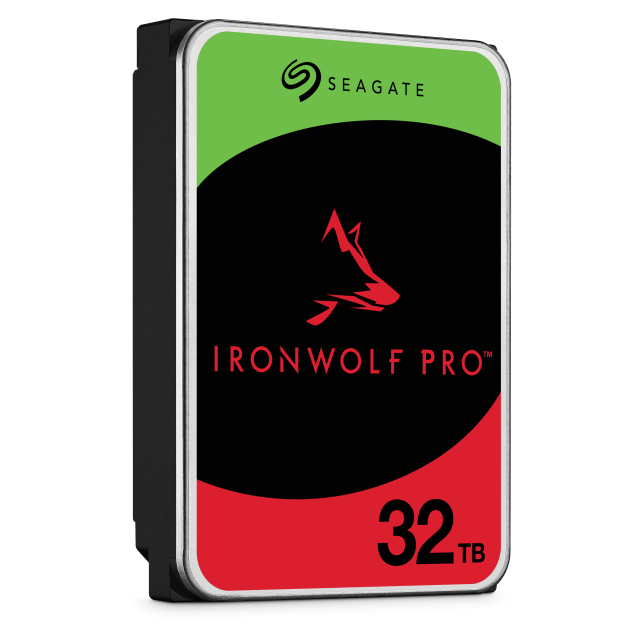 Seagate IronWolf Pro 32TB NAS hard drive viewed from the right showing the SATA connector