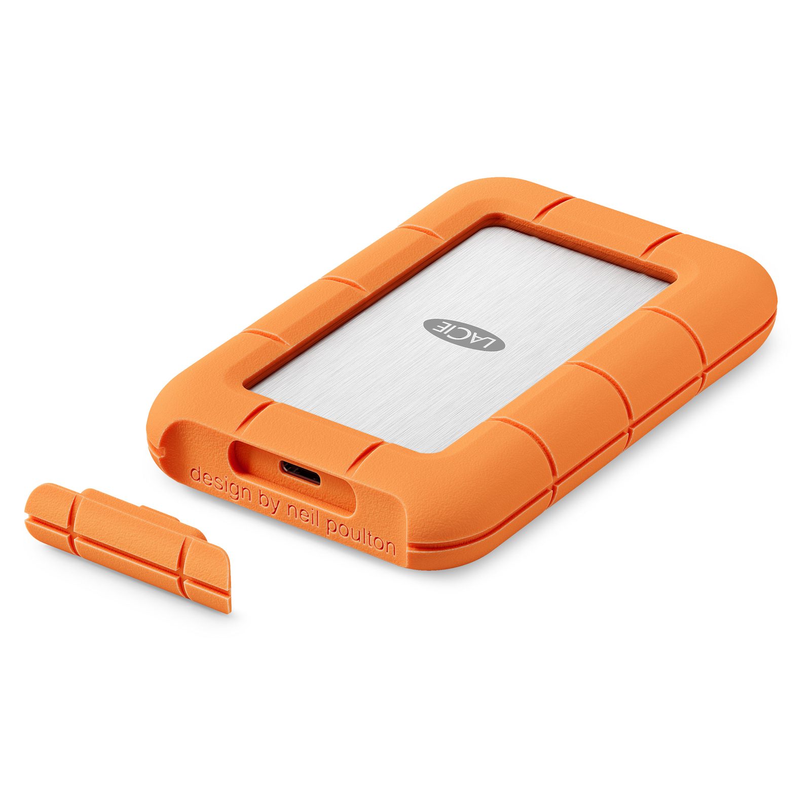 LaCie Rugged SSD4 shown open from the left, revealing the port