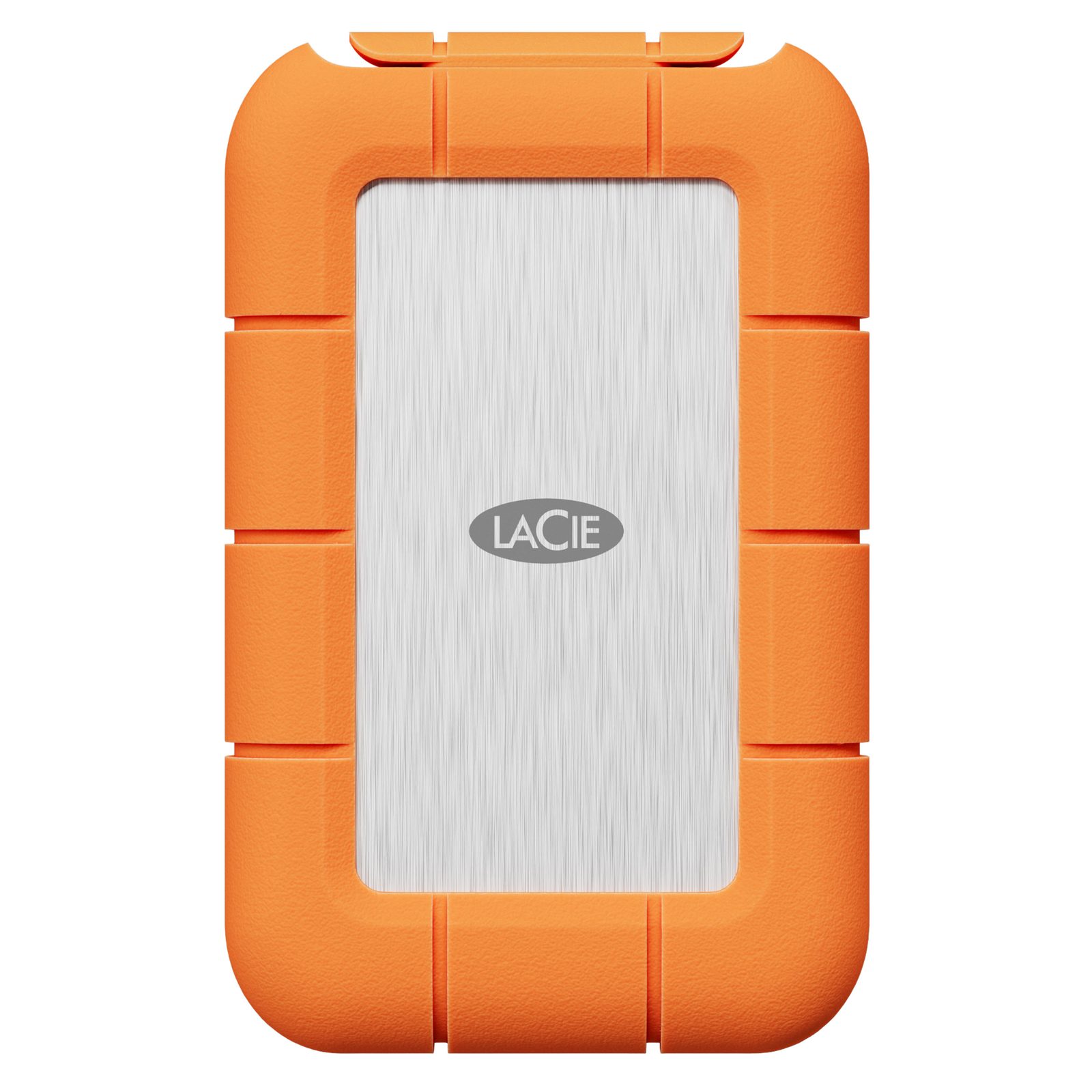 LaCie Rugged SSD4 portable drive with its distinctive orange shock-resistant bumper, top view