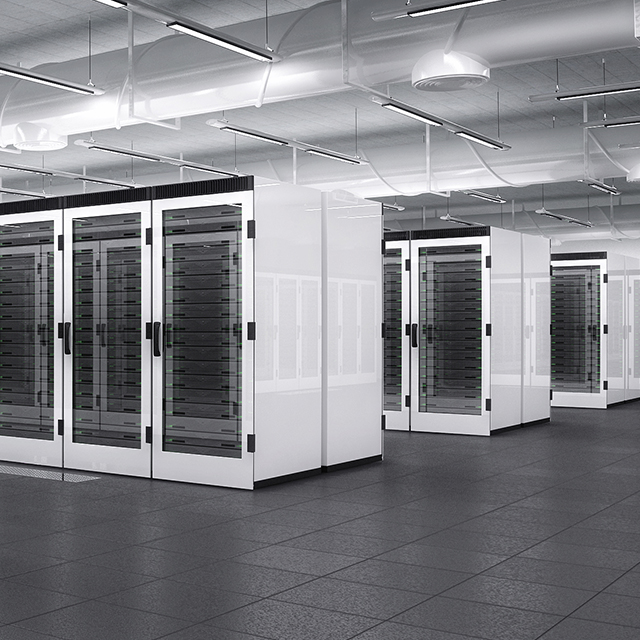 A data center featuring multiple rows of storage racks where Nytro 4350 NVMe SSDs are deployed