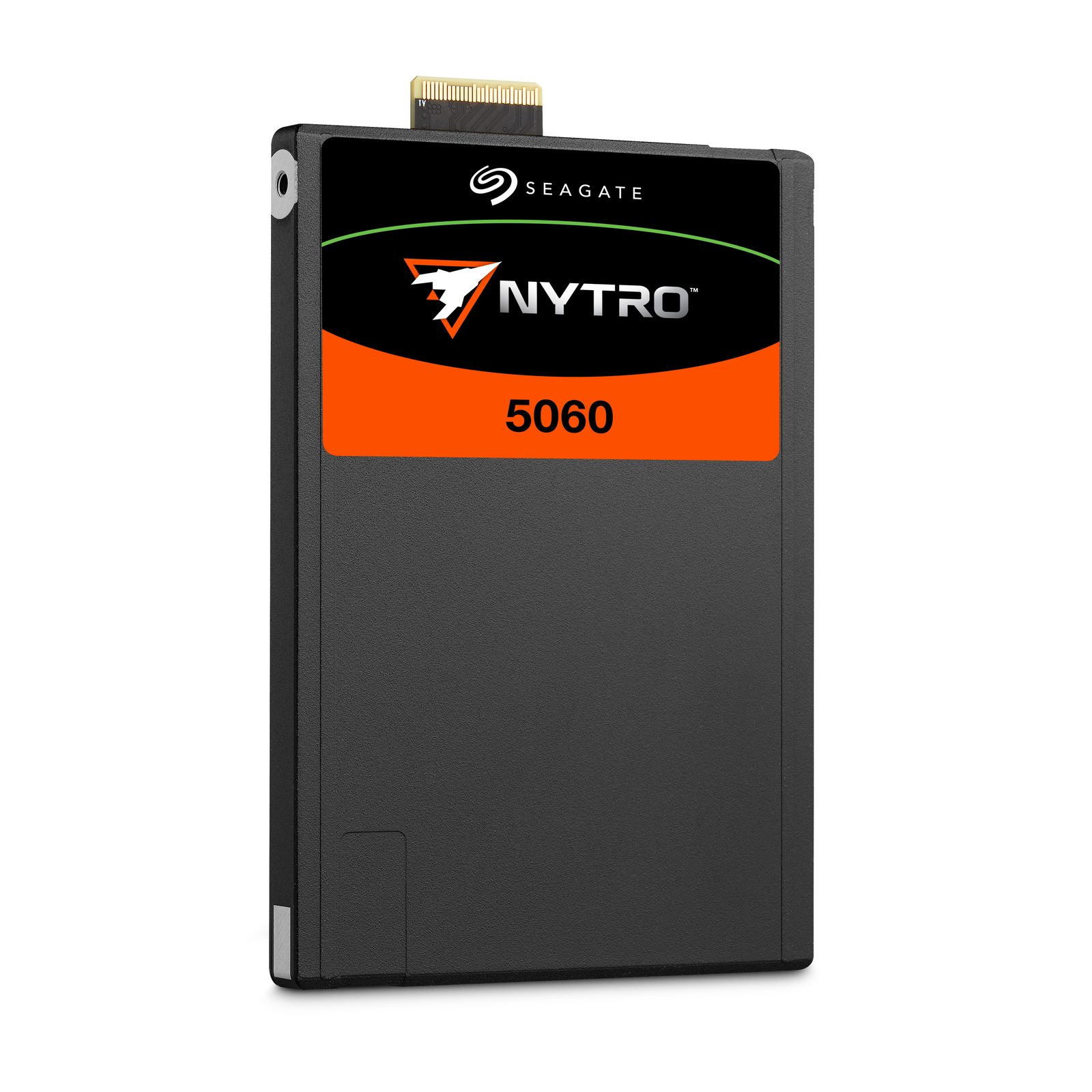 Seagate Nytro 5060 NVMe SSD angled to the right, showing the connector edge
