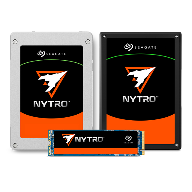 The Seagate Nytro enterprise SSD series shown together, spanning SATA and NVMe form factors