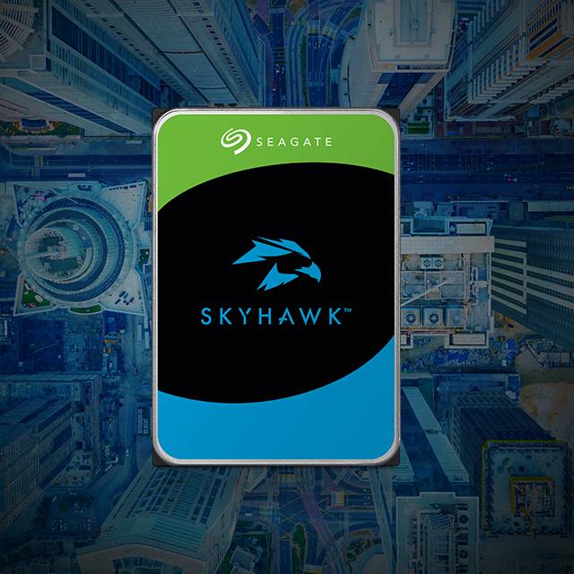 Seagate SkyHawk video hard drive shown in a 24/7 surveillance recording context