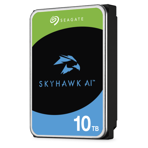 Seagate SkyHawk AI 10TB video hard drive viewed from the left