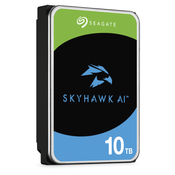 Seagate SkyHawk AI 10TB video hard drive viewed from the right showing the SATA connector