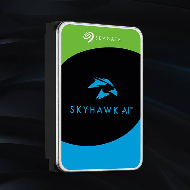 Seagate SkyHawk AI video hard drive shown in an AI-driven surveillance analytics context
