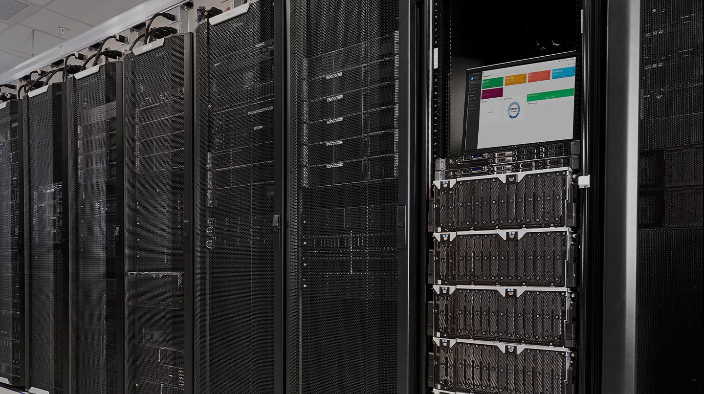 High-performance computing storage racks in a data center aisle