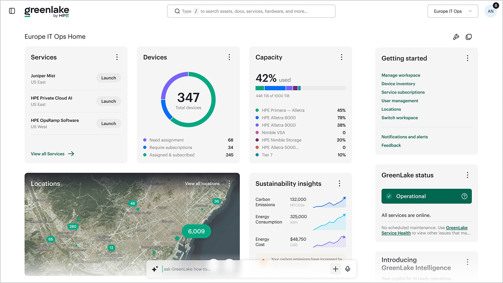 HPE GreenLake console showing HPE Alletra storage capacity, devices and sustainability insights