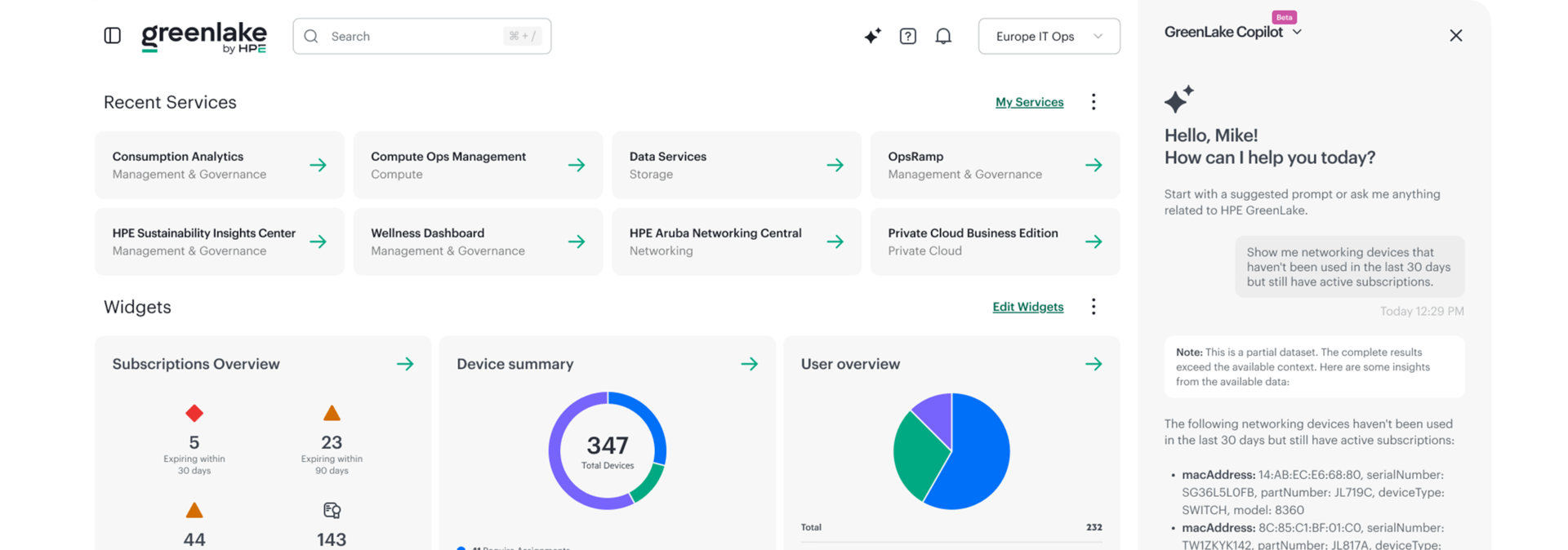HPE GreenLake console with GreenLake Copilot surfacing data protection insights and services