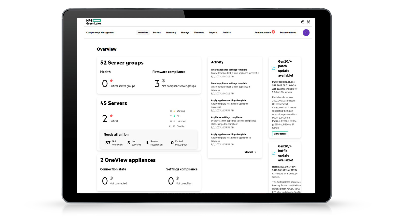 HPE GreenLake Compute Ops Management overview with server groups, firmware compliance and OneView appliances