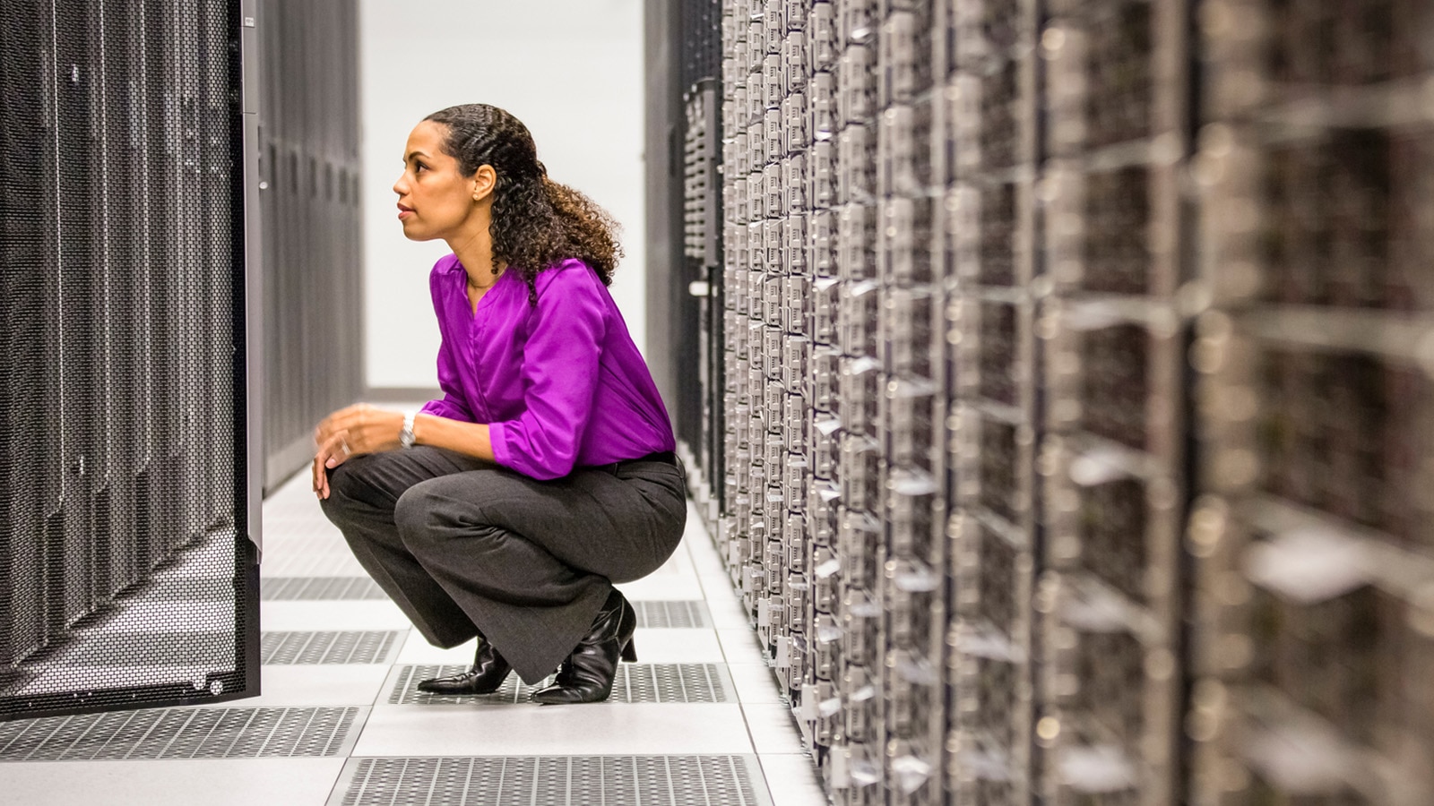 IT professional inspecting storage arrays in a data center SAN fabric