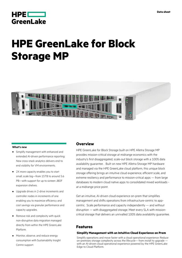 Cover of HPE GreenLake for Block Storage MP data sheet