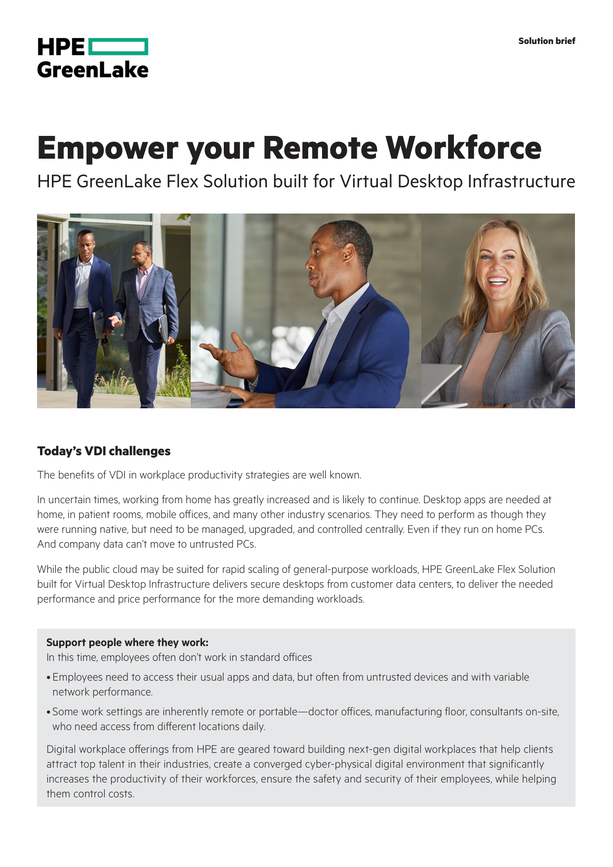 Cover of the HPE GreenLake VDI Flex solution brief: Empower your remote workforce