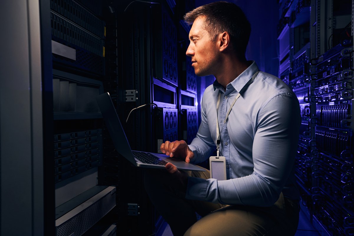 Network engineer working on data center infrastructure