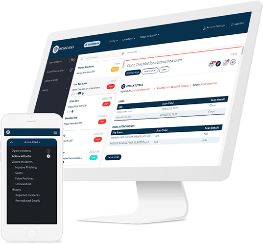 An IRONSCALES dashboard allowing organizations to resolve phishing attacks on mobile devices and laptop computers.