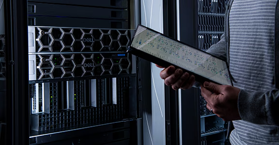 Hands lifting a server component out of a rack in a data center