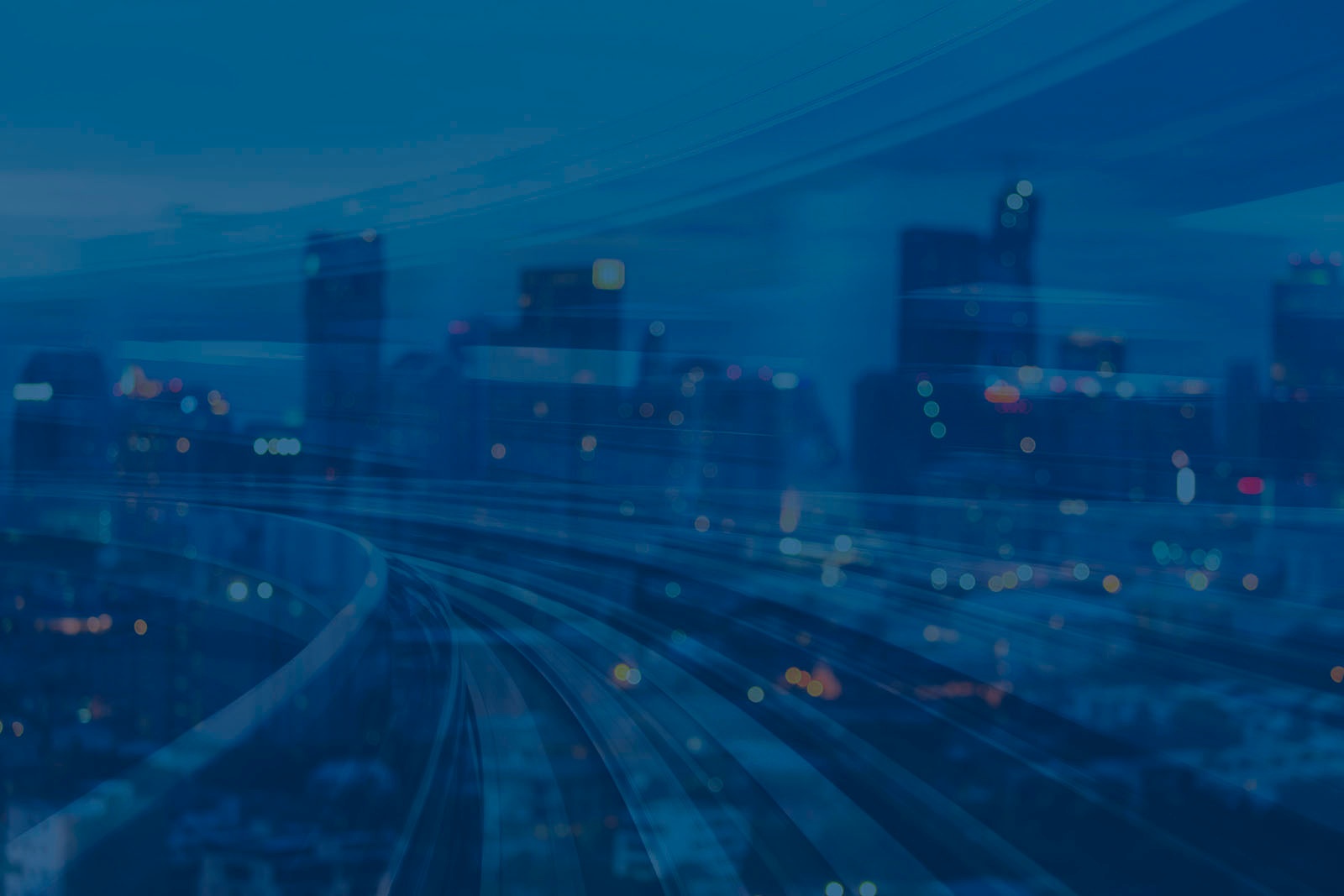 A city skyline at dusk under a blue wash, overlaid with long curving light trails