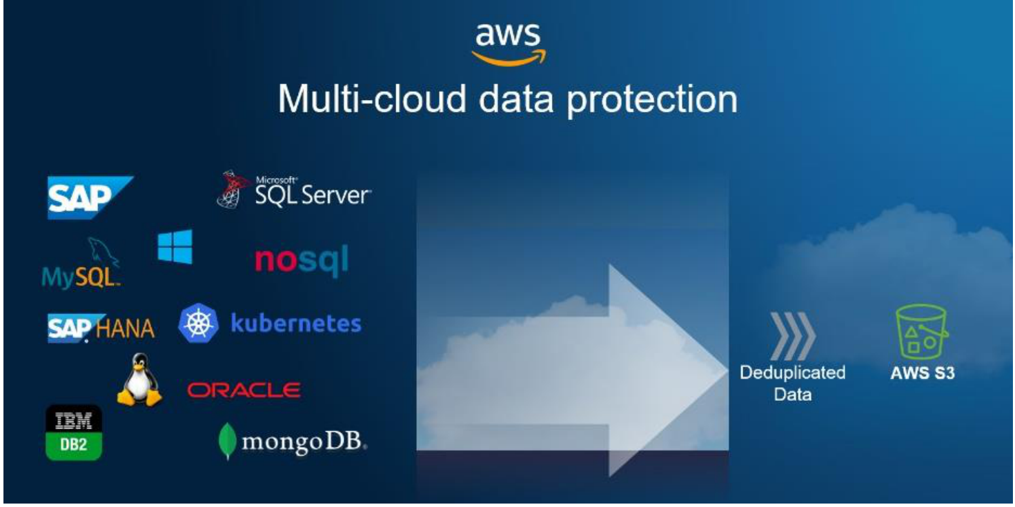 Dell multi-cloud data protection for AWS: SAP, SQL Server, MySQL, nosql, SAP HANA, Kubernetes, Linux, Oracle, IBM DB2 and MongoDB workloads flowing to deduplicated data on AWS S3