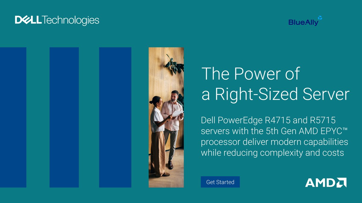 Cover of the ebook The Power of a Right-Sized Server, cobranded Dell Technologies, BlueAlly and AMD, showing two colleagues reviewing a document