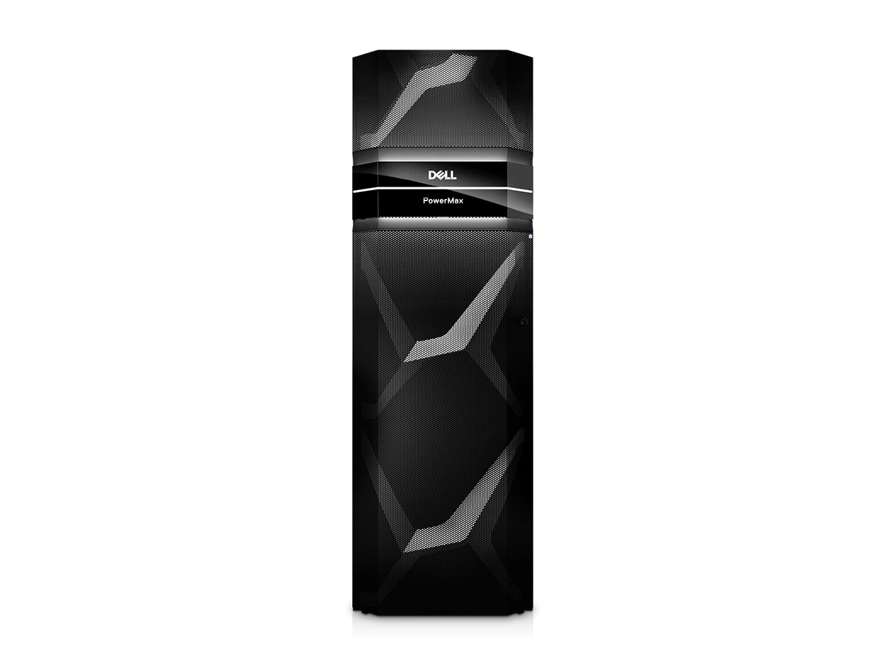 A full-height Dell PowerMax system bay cabinet, front-on, with a perforated black door and a lit DELL PowerMax badge across the upper panel